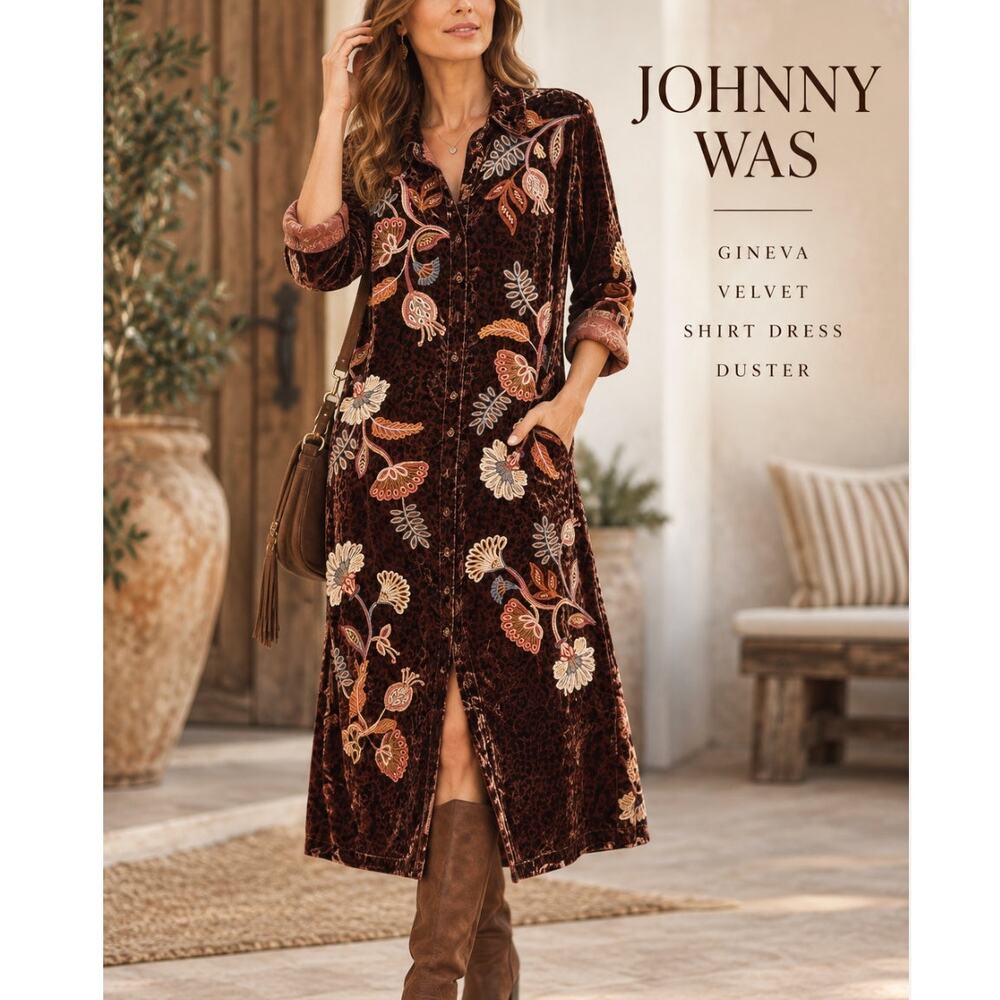Johnny Was Gineva Velvet Shirt Dress XL NWT Dk Brown Leopard Embroidered Duster